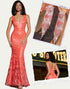 Coral Mermaid Strap V-Neck Applique Prom Dress with Accessories Set