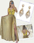 A-Line Gold Sequin V-Neck Ruched Slit Prom Dress with Accessories Set