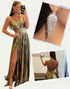 Gold A-Line Spaghetti Ruched Slit Prom Dress with Accessories Set