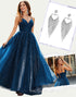 Sparkly Navy A Line Spaghetti Slit Long Prom Dress with Accessories Set