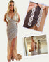 Gold Sheath V-Neck Sequin Slit Prom Dress with Accessories Set