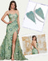 3D Flower Mermaid Green Spaghetti Sequin Prom Dress with Accessories Set