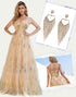 Champagne A-Line Spaghetti Print Ruched Prom Dress with Accessories Set