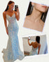 Mermaid Spaghetti Lace Applique Sequin Light Blue Prom Dress with Accessories Set