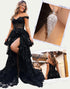A-Line Black Off The Shoulder Lace Applique Slit Prom Dress with Accessories Set
