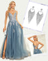Grey Blue A-Line Spaghetti Lace Applique Tulle Slit Prom Dress with Accessories Set