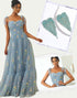 Grey Blue Spaghetti A-Line Print Ruched Prom Dress with Accessories Set