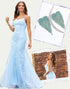 Blue Spaghetti Mermaid Lace Applique Tulle Prom Dress with Accessories Set