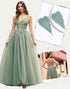 Green A-Line Spaghetti Flower Applique Prom Dress with Accessories Set