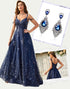A-Line Spaghetti Flower Applique Navy Prom Dress with Accessories Set