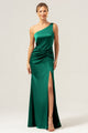 Elegant Olive Green One-Shoulder Pleated High-Slit Mermaid Maxi Dress - Perfect Bridesmaid Dress