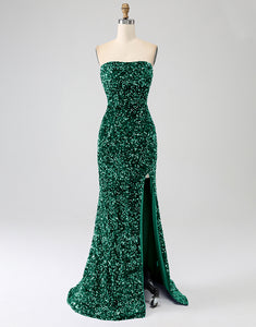 Dark Green Sheath Strapless Tight Sequin Side Slit Prom Dress