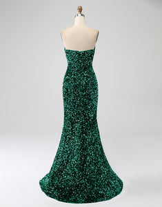 Dark Green Sheath Strapless Tight Sequin Side Slit Prom Dress