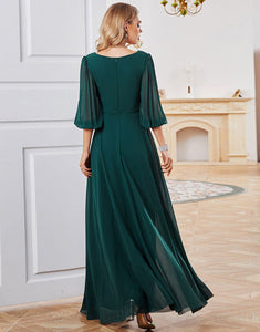 Dark Green A-line Long Sleeves V-neck Mother of Bride Dress