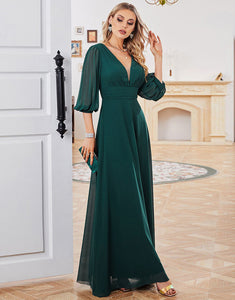Dark Green A-line Long Sleeves V-neck Mother of Bride Dress