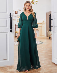 Dark Green A-line Long Sleeves V-neck Mother of Bride Dress