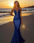 Dark Navy Sparkly Spaghetti Backless Mermaid Long Prom Dress