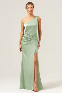 Elegant Dusty Sage One-Shoulder Pleated High-Slit Mermaid Maxi Dress - Perfect Bridesmaid Dress