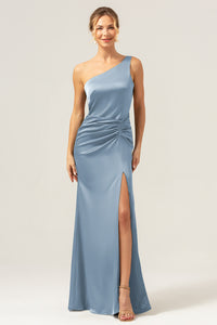 Elegant Olive Green One-Shoulder Pleated High-Slit Mermaid Maxi Dress - Perfect Bridesmaid Dress