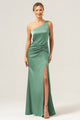 Elegant Dusty Sage One-Shoulder Pleated High-Slit Mermaid Maxi Dress - Perfect Bridesmaid Dress