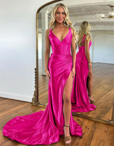 Dark Purple V-Neck Ruched Satin Prom Dress with Slit