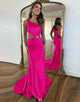 Red One Shoulder Cutout Waist Long Satin Mermaid Prom Dress With Beading