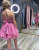 Pink Printed A Line Corset Homecoming Dress with Pleated