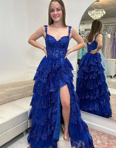 Royal Blue A-Line V Neck Tiered Long Prom Dress With Slit