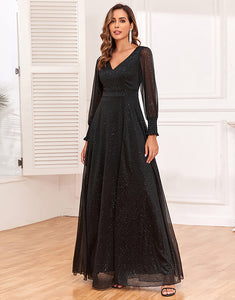 Glitter A-Line Long Sleeves Black Mother of The Bride Dress with Slit