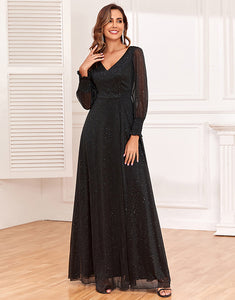 Glitter A-Line Long Sleeves Black Mother of The Bride Dress with Slit