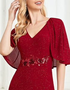 Glitter V-Neck Burgundy Mother of the Bride Dress with Cape