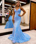 Blue Mermaid V-Neck Cross-Back Long Prom Dress