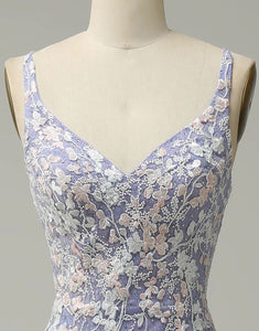 Glitter Purple Mermaid Lace Long Prom Dress with Slit