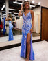 Blue Mermaid V-neck Tulle Glitter Appliques Prom Dresses With Slit