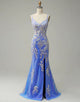 Blue Mermaid V-neck Tulle Glitter Appliques Prom Dresses With Slit