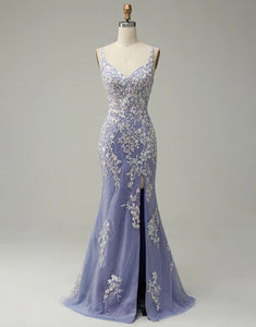 Blue Mermaid V-neck Tulle Glitter Appliques Prom Dresses With Slit