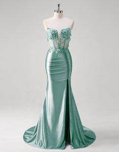 Glitter Blush Strapless Mermaid Long Prom Dress with Appliques