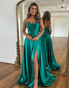 Dark Green A-Line Satin Long Prom Dress with Slit