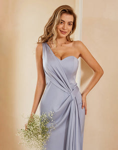 Grey Blue One Shoulder Bridesmaid Dress