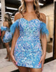 Sheath Off the Shoulder Blue Short Homecoming Dress with Feather