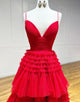 Red Tulle Tiered Spaghetti Straps Long Prom Dress with Slit