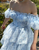 Light Blue A Line Off The Shoulder Long Tiered Long Prom Dress