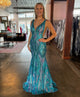 Sparkly Blue Mermaid V-Neck Long Prom Dress With Sequins