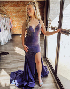 Dark Purple Mermaid Long Prom Dress With Slit