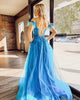 Blue A-line Off The Shoulder Appliqué Long Prom Dress With Feather