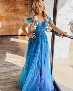 Blue A-line Off The Shoulder Appliqué Long Prom Dress With Feather