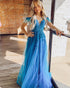 Blue A-line Off The Shoulder Appliqué Long Prom Dress With Feather