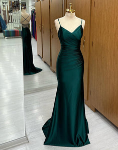 Dark Green Simple Mermaid Spaghetti Strap Long Prom Dress