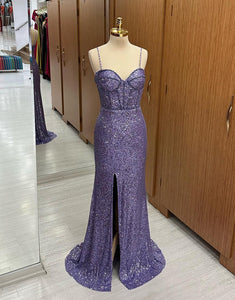 Glitter Dark Purple Mermaid Long Corset Prom Dress With Split