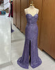 Glitter Dark Purple Mermaid Long Corset Prom Dress With Slit